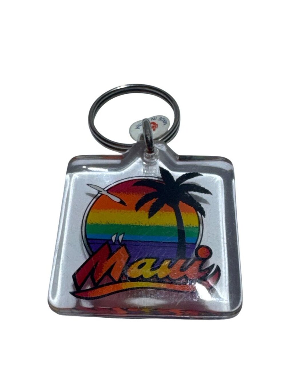Maui Acrylic Keychain With Rainbow Sunset & Palm Tree Design Pre-Owned